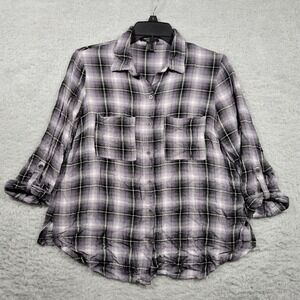Forever 21 Plaid Flannel Shirt Button Up Roll Tab Sleeve Black White Small